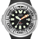 Citizen Eco-Drive Professional Diver 300m watch with a black strap, black dial, silver-tone bezel, and luminous green and orange details.