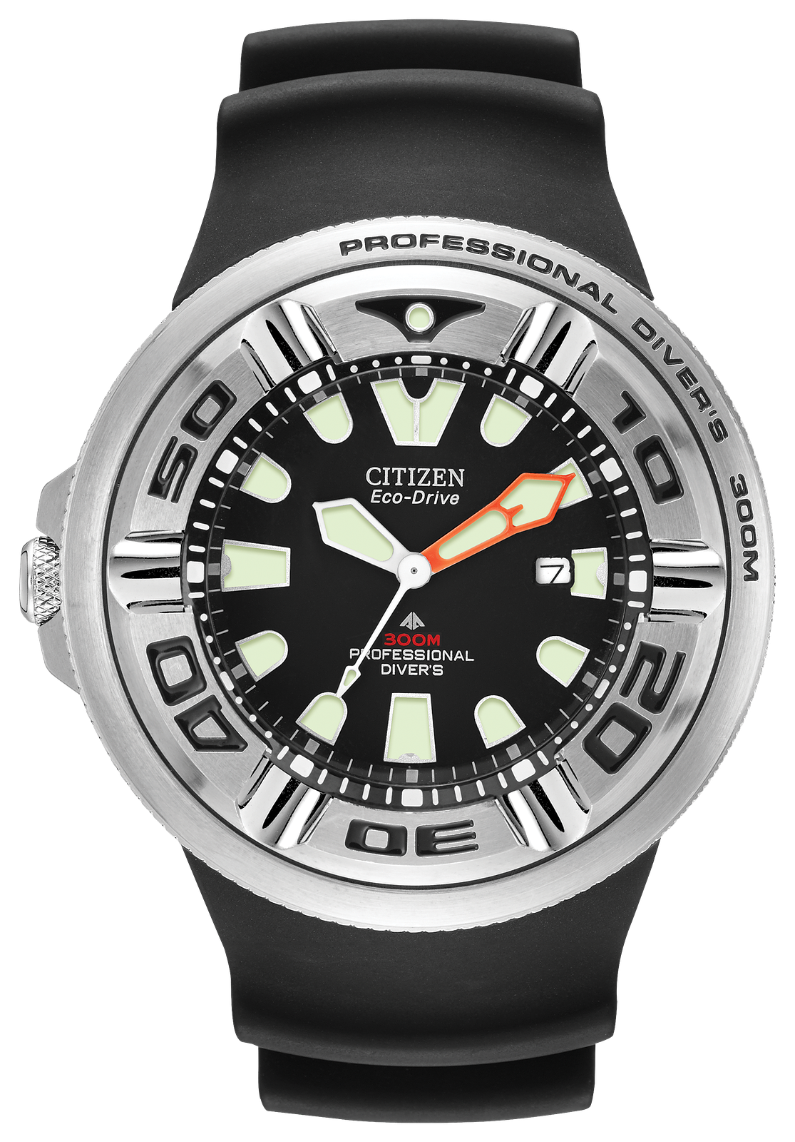 Citizen Eco-Drive Professional Diver 300m watch with a black strap, black dial, silver-tone bezel, and luminous green and orange details.