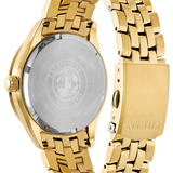 Gold-tone stainless steel watch with a metal link bracelet, shown from the back to reveal the brushed silver-toned case back and branded clasp.