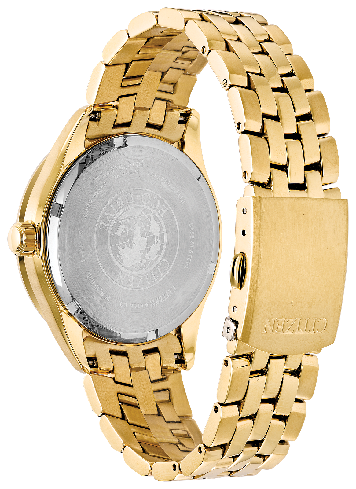 Gold-tone stainless steel watch with a metal link bracelet, shown from the back to reveal the brushed silver-toned case back and branded clasp.