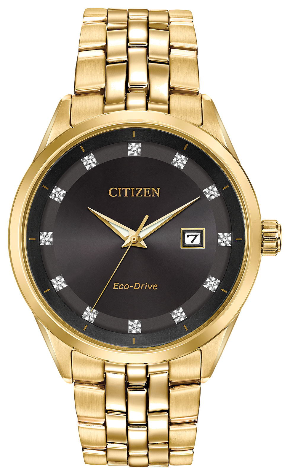 Citizen Eco-Drive watch with a gold-tone metal bracelet and case, featuring a dark charcoal gray dial with gold hands and hour markers.