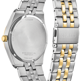 Citizen stainless steel and gold-tone two-tone watch with a metal link bracelet, shown from the back on a black background.