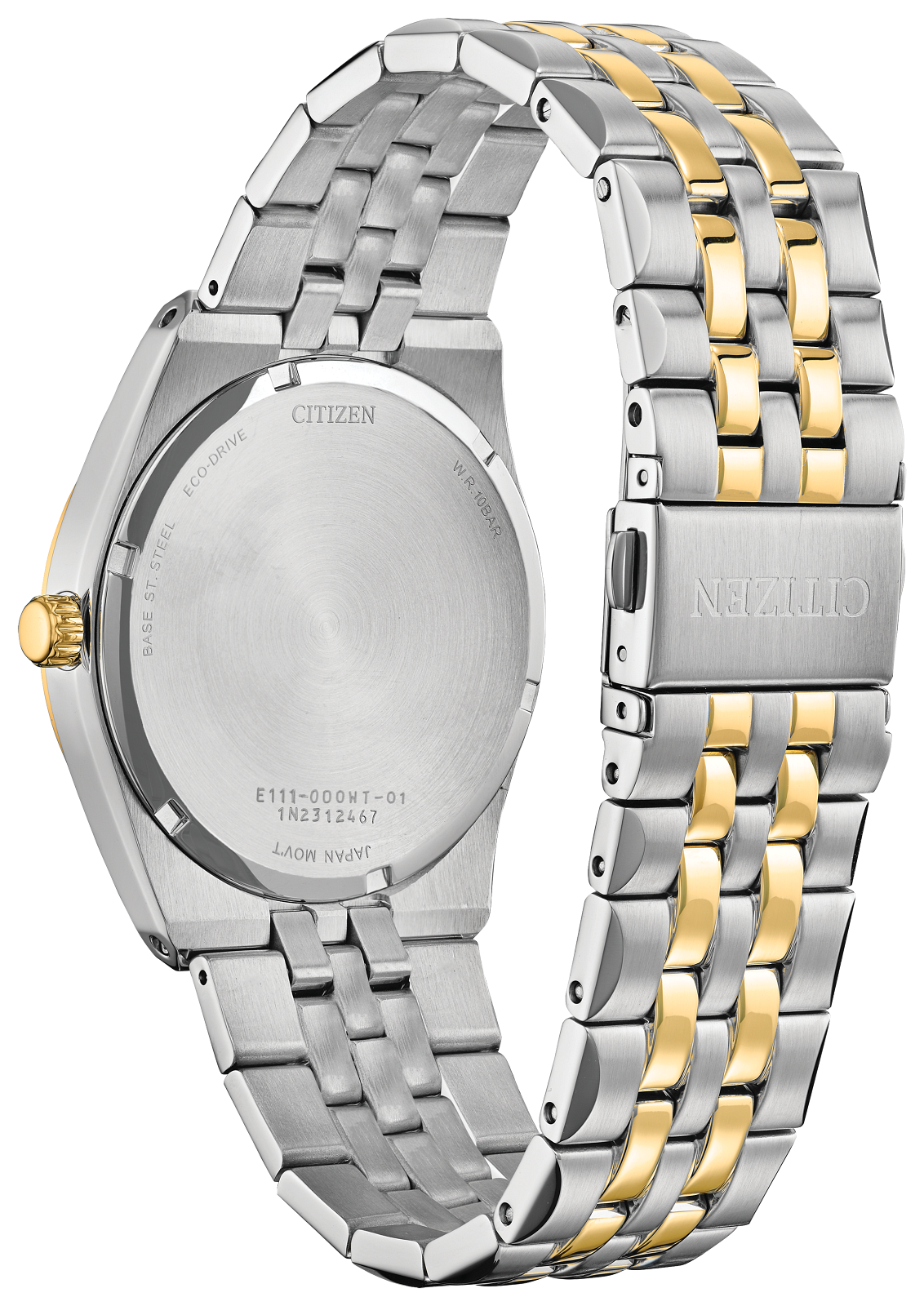 Citizen stainless steel and gold-tone two-tone watch with a metal link bracelet, shown from the back on a black background.