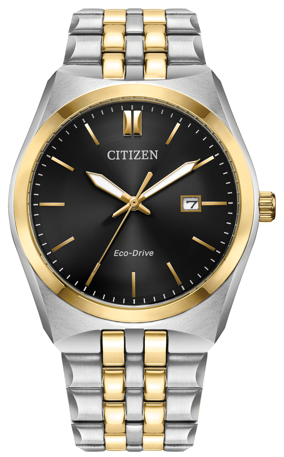 Citizen men's watch with a two-tone silver and gold stainless steel bracelet, a black dial, and gold-tone bezel and hands.