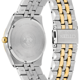 Citizen men's watch shown from the back, featuring a stainless steel case and a two-tone metal link bracelet with silver and gold accents on a white background.