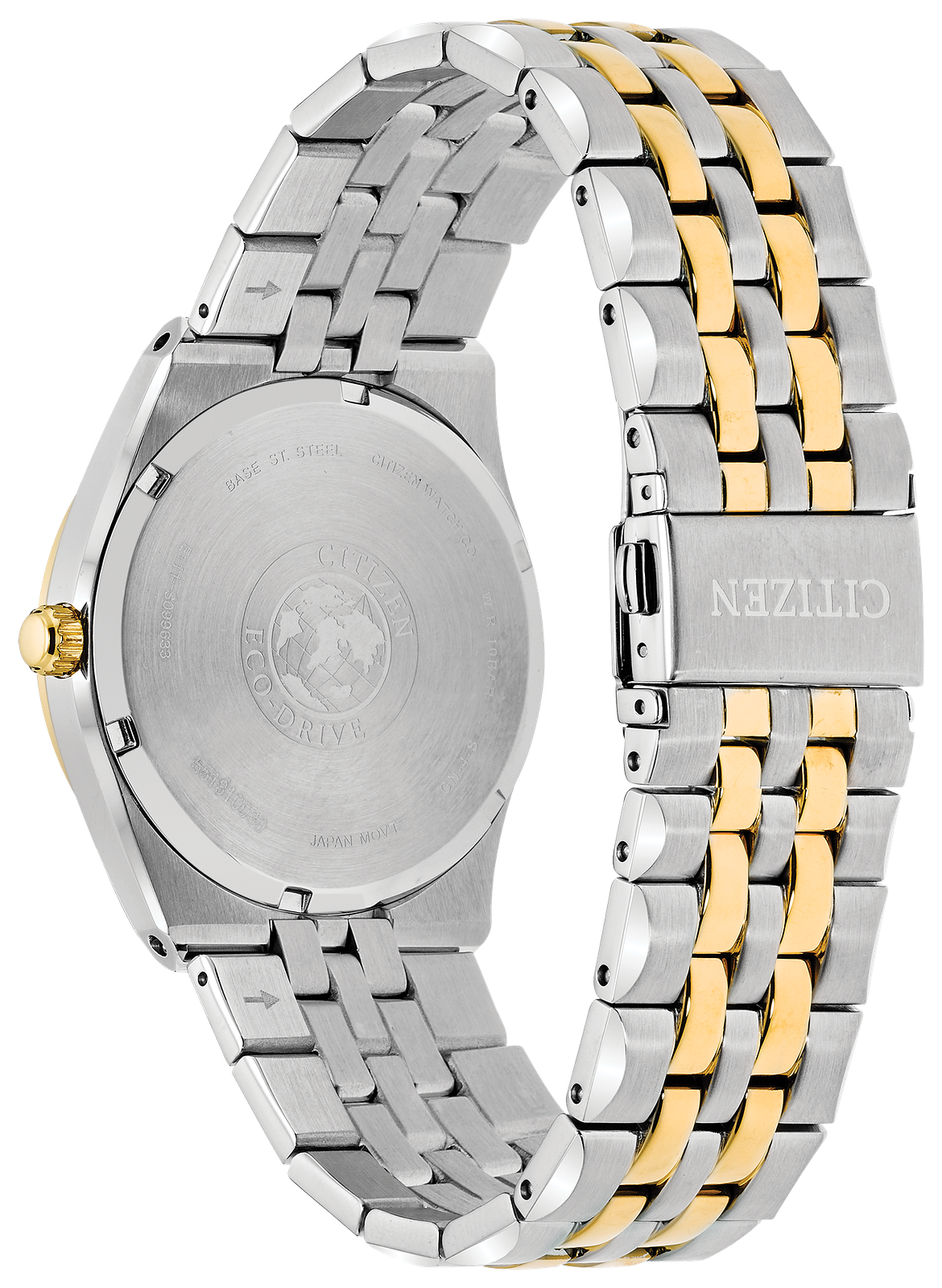 Citizen men's watch shown from the back, featuring a stainless steel case and a two-tone metal link bracelet with silver and gold accents on a white background.
