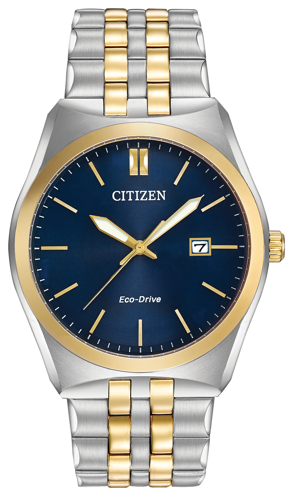 Citizen Eco-Drive watch with a two-tone silver and gold metal bracelet, a stainless steel case, and a deep blue dial with gold accents.