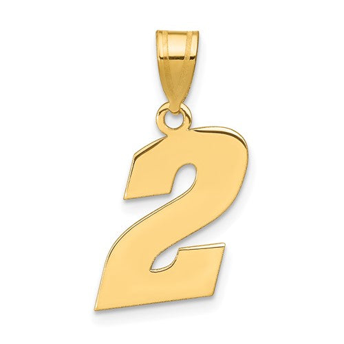 14k polished gold Number 2 pendant from Solomon Jewelers, featuring a sleek, shiny design in a close-up view.