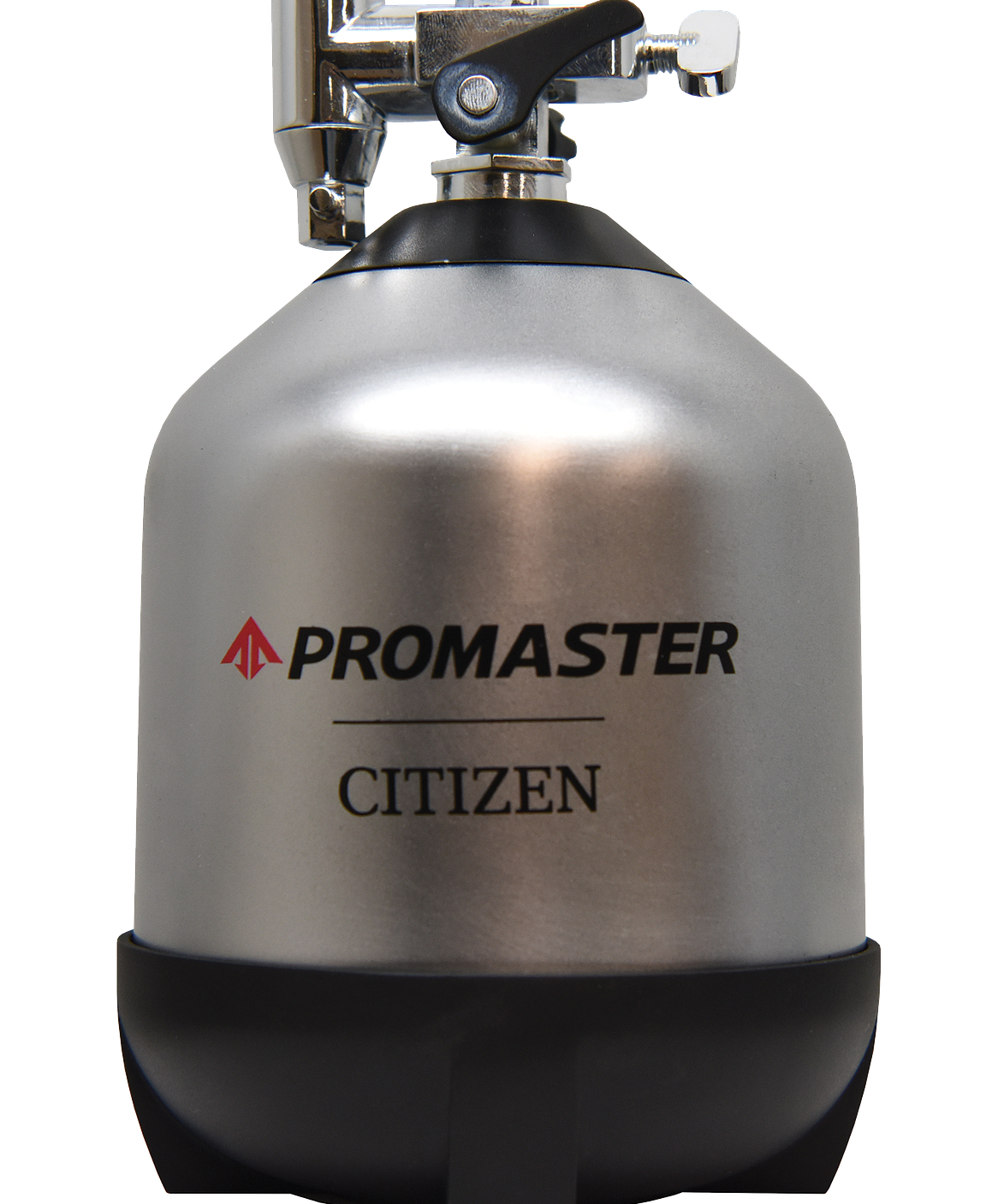 A silver and black Promaster Citizen personal fire alarm canister with a chrome nozzle assembly on top, shown against a plain white background.