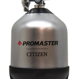 A silver and black Promaster Citizen personal fire alarm canister with a chrome nozzle assembly on top, shown against a plain white background.