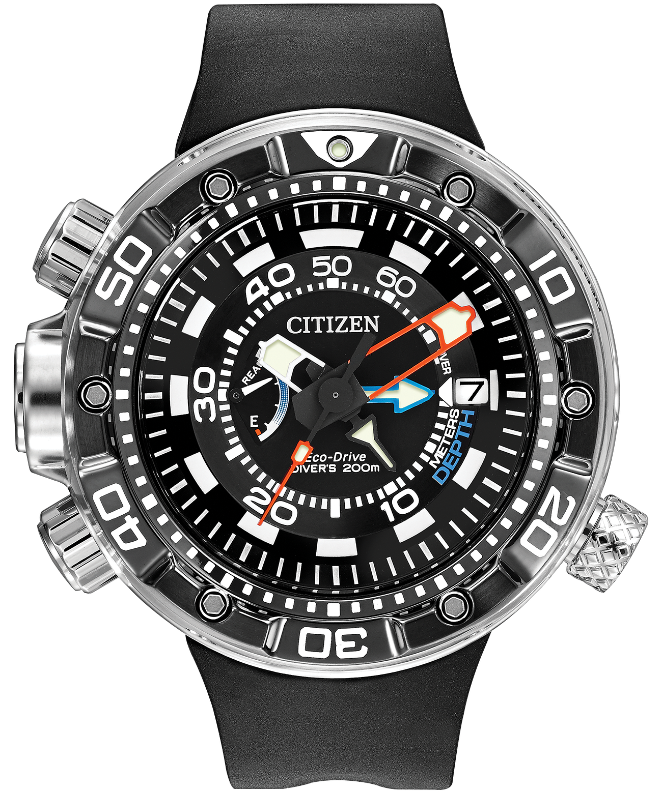 Citizen Deep Dive watch with a black dial, silver stainless steel case, and a black rubber strap, featuring orange and blue hands.