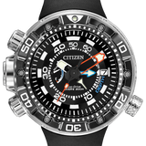 Citizen Deep Dive watch with a black dial, silver stainless steel case, and a black rubber strap, featuring orange and blue hands.