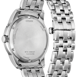 Citizen stainless steel watch shown from the back, featuring a silver-tone metal link bracelet and a brushed metal case on a white background.