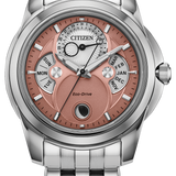 Citizen Eco-Drive watch with a silver stainless steel case and link bracelet, featuring a rose gold dial with white sub-dials and silver hour markers.