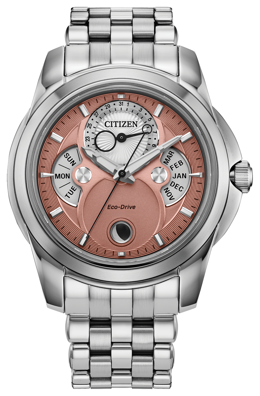 Citizen Eco-Drive watch with a silver stainless steel case and link bracelet, featuring a rose gold dial with white sub-dials and silver hour markers.