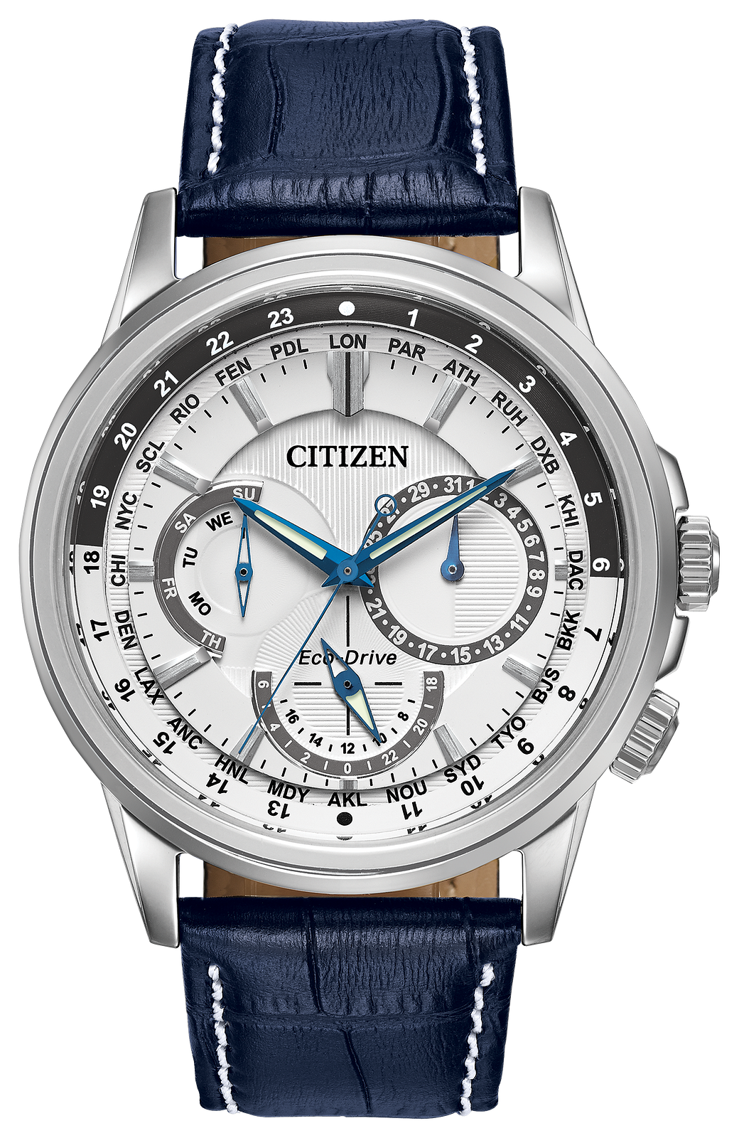 Citizen Eco-Drive World Time watch with a silver stainless steel case, white dial with blue hands and subdials, and a navy blue leather strap with white stitching.