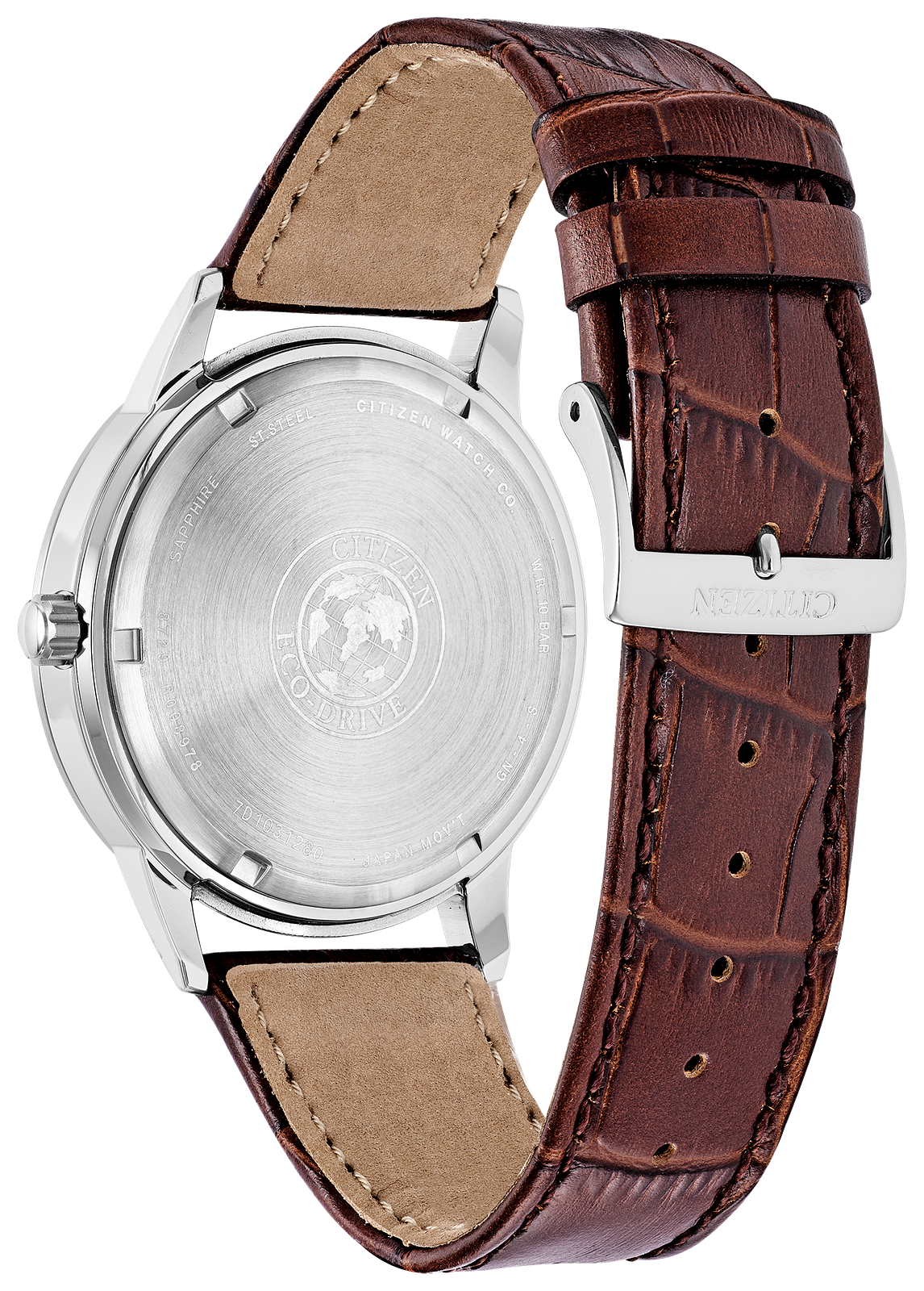 A close-up rear view of a wristwatch with a brown alligator-textured leather strap and a silver stainless steel case back, showing the brand name 'NITRO' on the clasp.