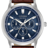 Citizen Eco-Drive watch with a silver stainless steel case, a dark blue sunburst dial with three subdials, and a brown leather strap.