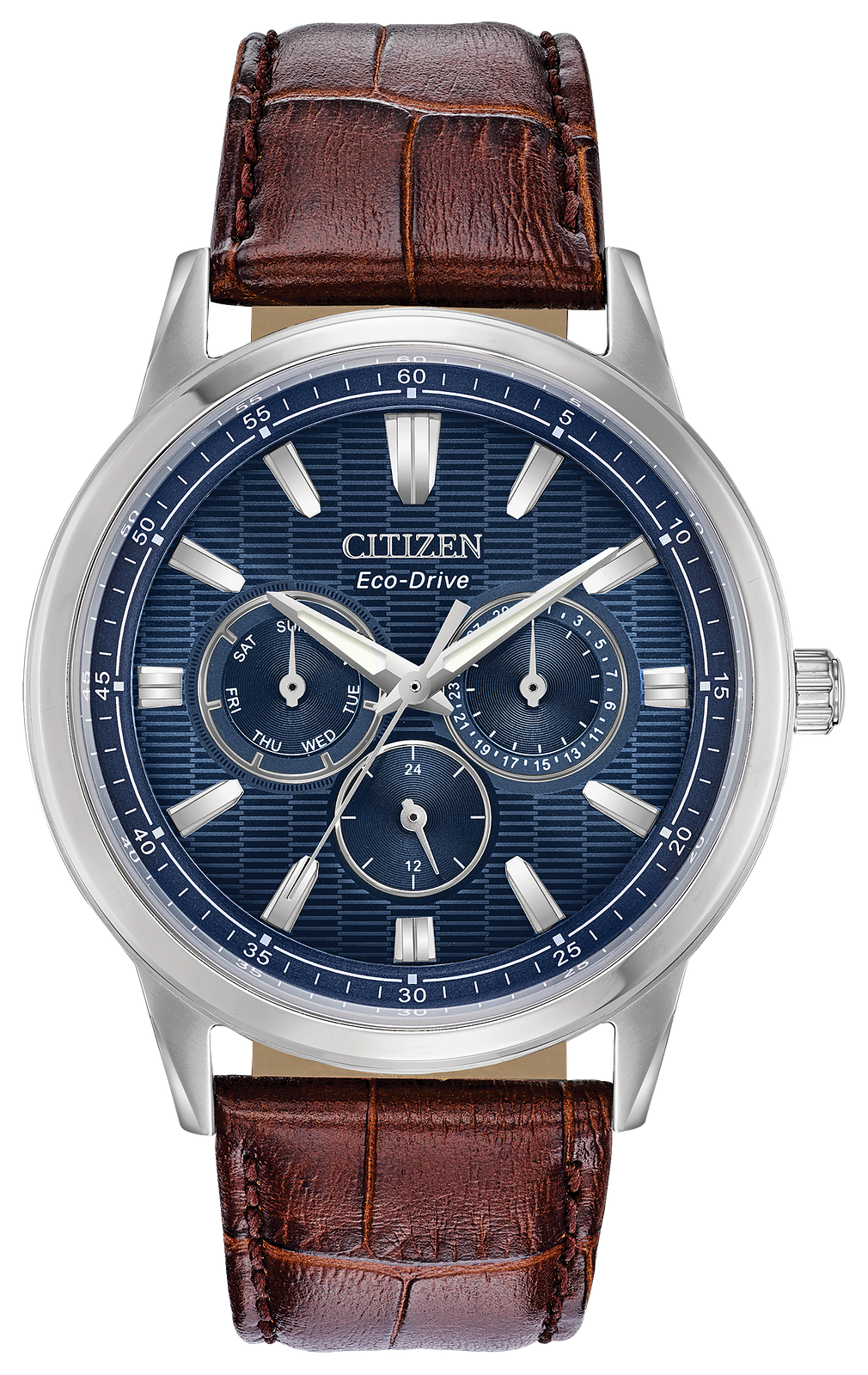Citizen Eco-Drive watch with a silver stainless steel case, a dark blue sunburst dial with three subdials, and a brown leather strap.