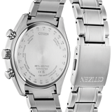Citizen stainless steel chronograph watch with a metal link bracelet, shown from the back to reveal the engraved case and dial details.