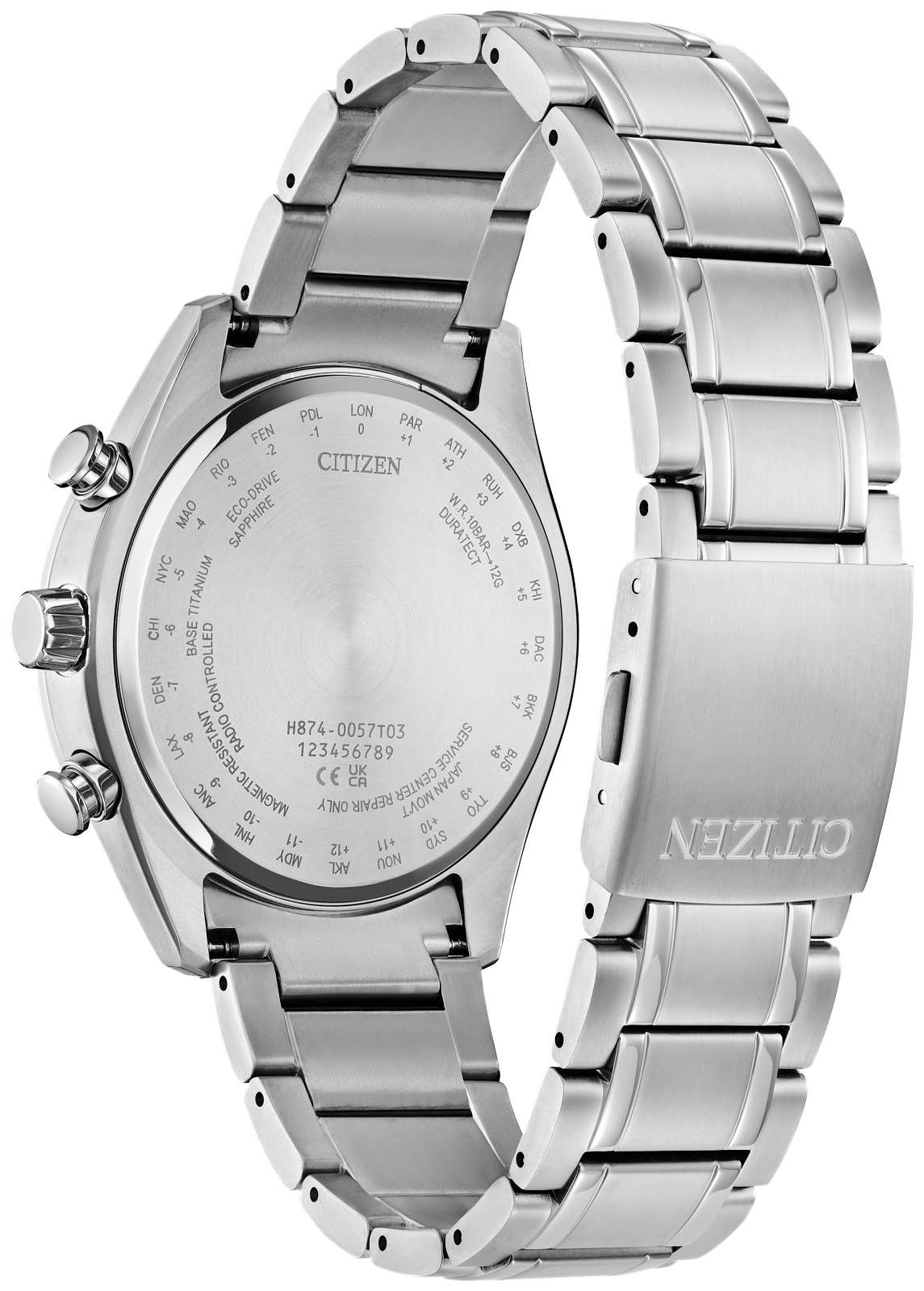 Citizen stainless steel chronograph watch with a metal link bracelet, shown from the back to reveal the engraved case and dial details.