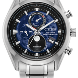 Citizen Eco-Drive Titanium analog watch with a stainless steel link bracelet, featuring a blue textured dial with black sub-dials and white markings.