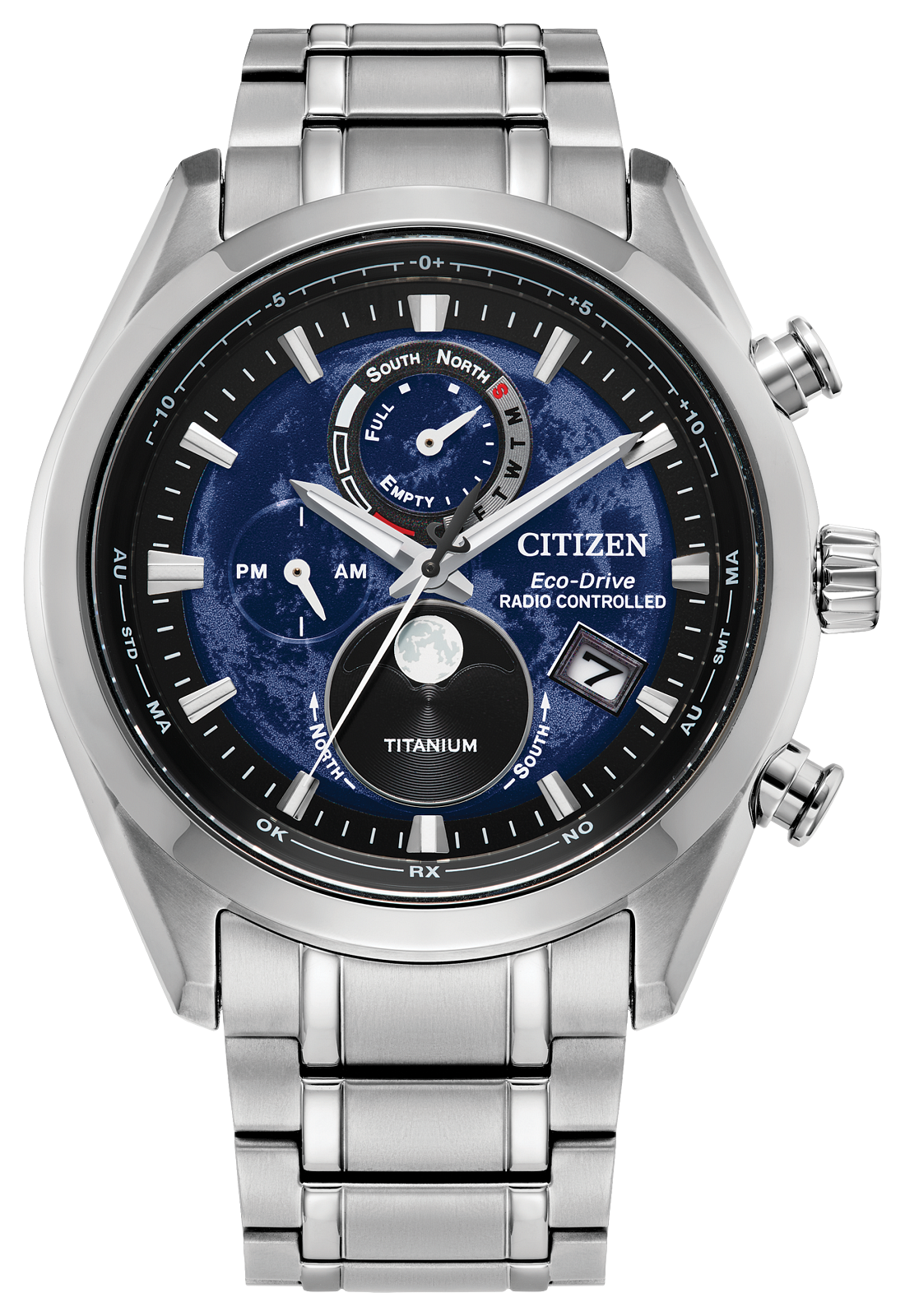 Citizen Eco-Drive Titanium analog watch with a stainless steel link bracelet, featuring a blue textured dial with black sub-dials and white markings.