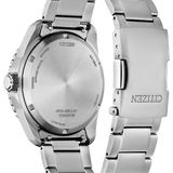 Silver stainless steel watch shown from the back, featuring a matching metal link bracelet, a brushed case back with Citizen branding, and a clasp engraved with CITIZEN.