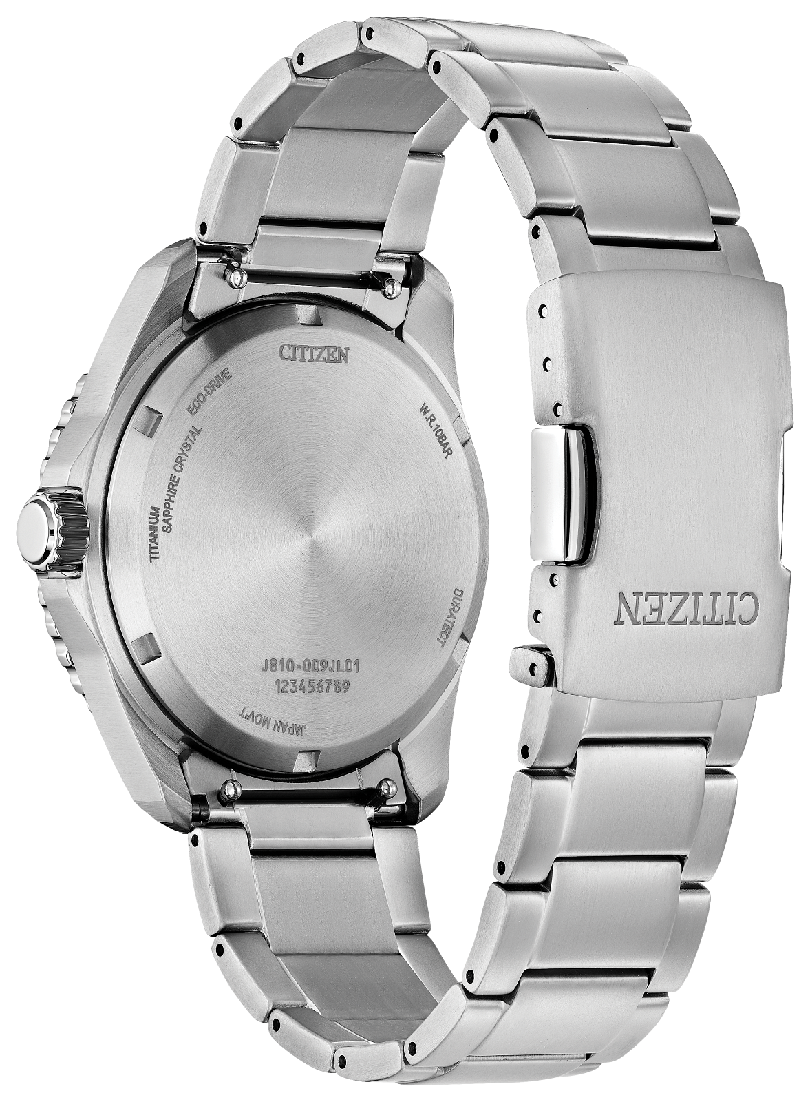 Silver stainless steel watch shown from the back, featuring a matching metal link bracelet, a brushed case back with Citizen branding, and a clasp engraved with CITIZEN.