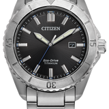 Citizen Eco-Drive Titanium stainless steel watch with a black dial, silver case, and integrated metal link bracelet on a white background.