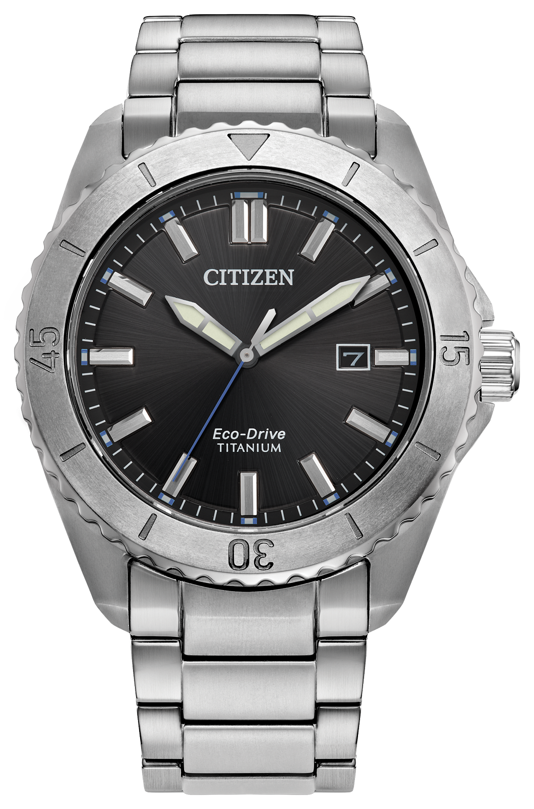 Citizen Eco-Drive Titanium stainless steel watch with a black dial, silver case, and integrated metal link bracelet on a white background.