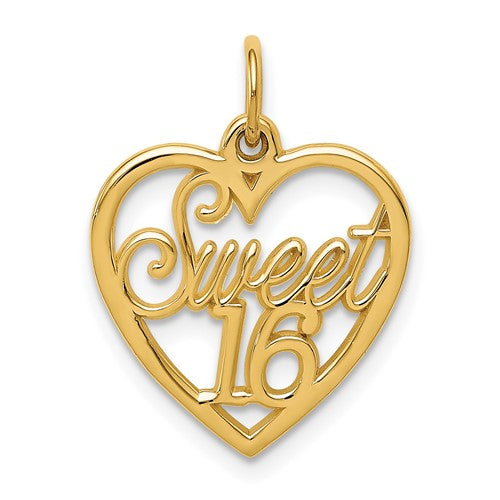 14k gold Sweet 16 charm pendant with detailed design, perfect for jewelry and celebration accessories.