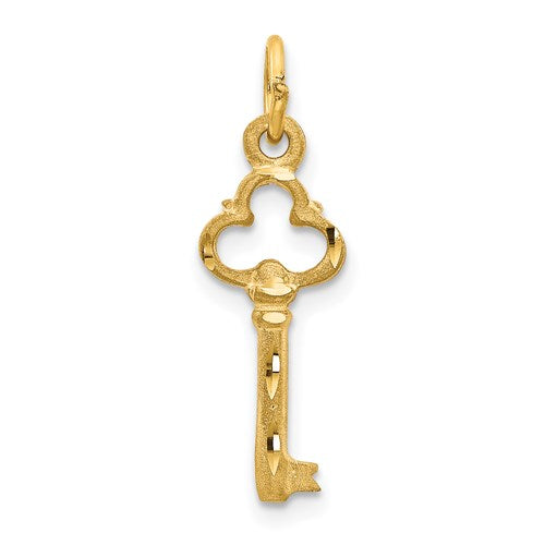 14K polished diamond-cut 3D key charm gold pendant with intricate design, crafted by Solomon Jewelers.