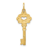 14K polished gold key charm with fancy edge design, ideal for necklaces or bracelets, from Solomon Jewelers.
