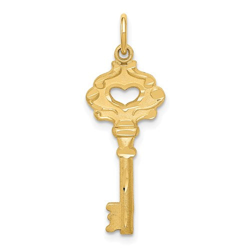 14K polished gold key charm with fancy edge design, ideal for necklaces or bracelets, from Solomon Jewelers.