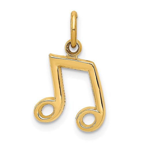 14K gold musical notes charm pendant from Solomon Jewelers, featuring intricate musical note designs on a delicate chain.