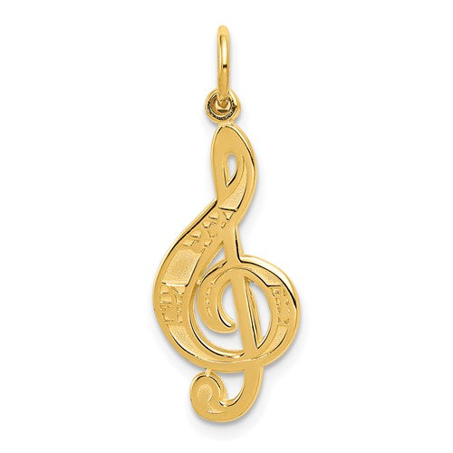 14k gold treble clef charm pendant, musical jewelry accessory with detailed design, from Solomon Jewelers.