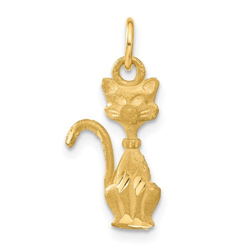 14k satin gold Tom cat charm pendant from Solomon Jewelers, featuring a detailed feline design in gold jewelry style.