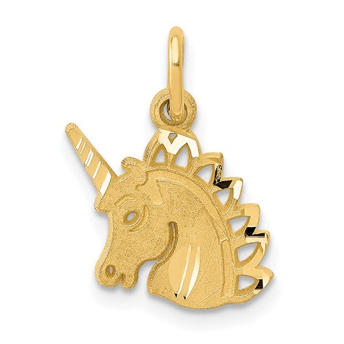 14k gold unicorn charm pendant from Solomon Jewelers, featuring a detailed and shiny unicorn design.