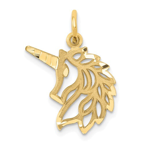 14k gold unicorn head pendant with detailed craftsmanship, featuring a whimsical unicorn charm from Solomon Jewelers.