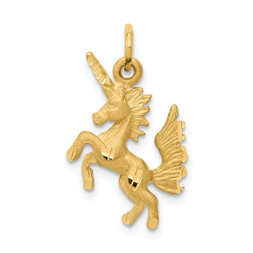 14k gold dancing unicorn charm pendant featuring a whimsical unicorn design, perfect for jewelry and necklace accents.
