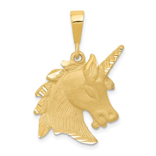 14k gold unicorn head charm pendant, detailed jewelry piece from Solomon Jewelers, featuring a whimsical unicorn design.