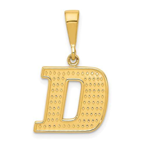 14k gold textured initial D charm pendant from Solomon Jewelers, featuring a stylish and detailed letter design.