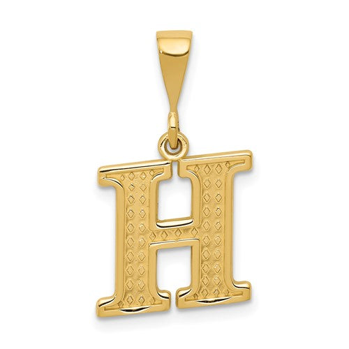 14k gold initial H charm pendant with textured design, perfect for necklaces or bracelets from Solomon Jewelers.