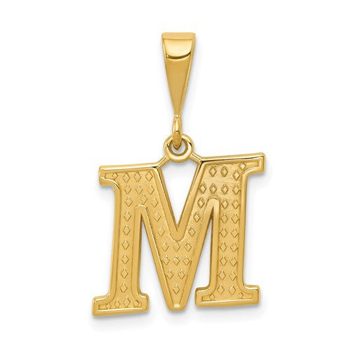 Gold 14k textured initial M charm pendant, stylish jewelry piece from Solomon Jewelers with intricate design.
