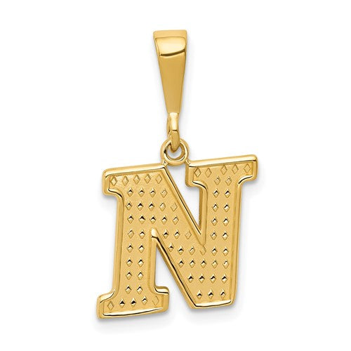 Gold 14k textured initial N charm pendant from Solomon Jewelers, featuring a stylish, engraved letter design.