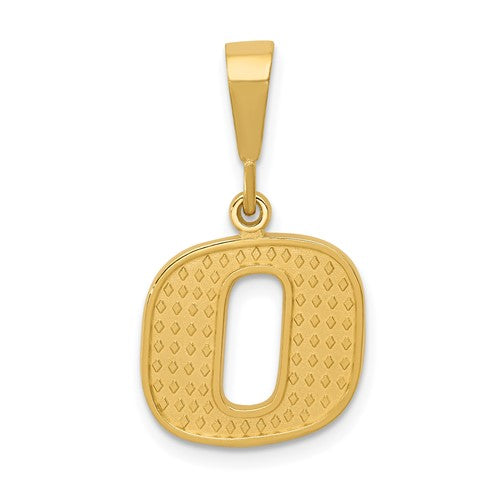 14k gold initial O charm with textured finish, perfect for necklaces or bracelets, from Solomon Jewelers.