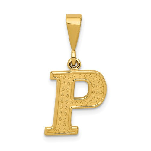 14k textured gold initial P charm pendant from Solomon Jewelers, showcasing a stylish and detailed letter design.