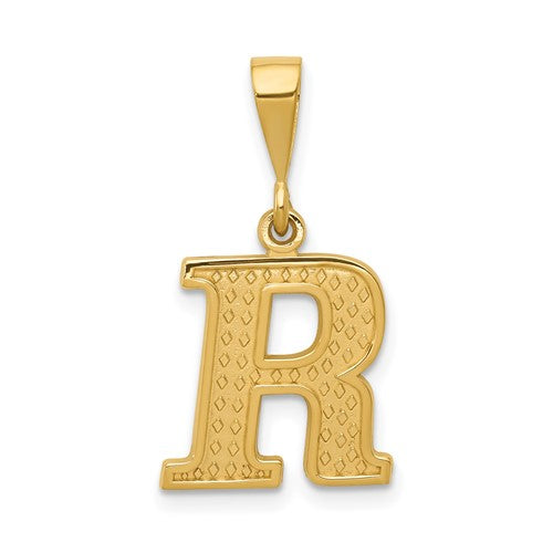 14k textured gold initial R charm pendant, stylish jewelry piece from Solomon Jewelers with detailed craftsmanship.