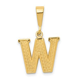 Gold initial W charm pendant with textured finish, 14k gold jewelry piece from Solomon Jewelers.